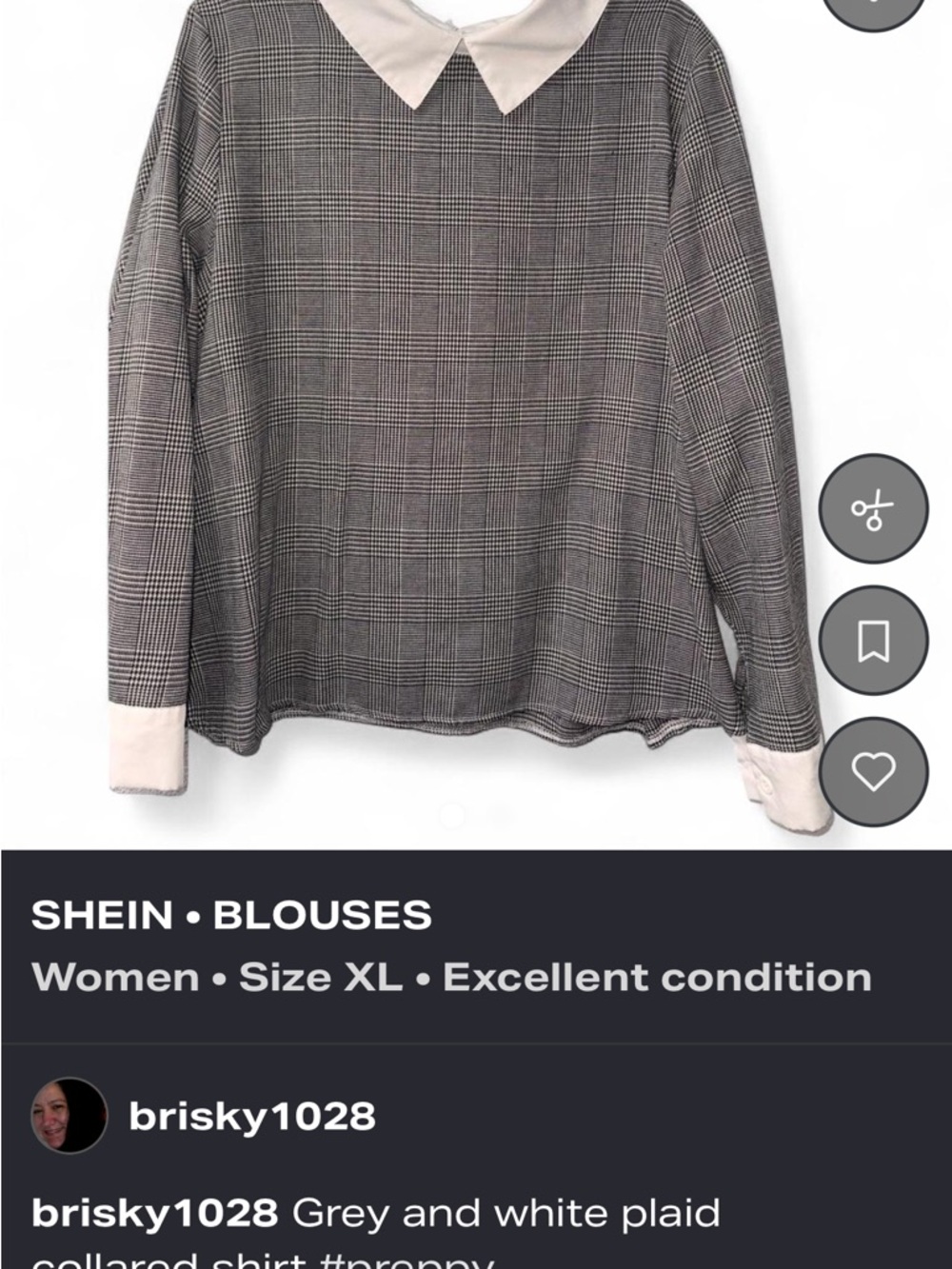 SHEIN Grey Plaid Blouse with White Contrast Collar